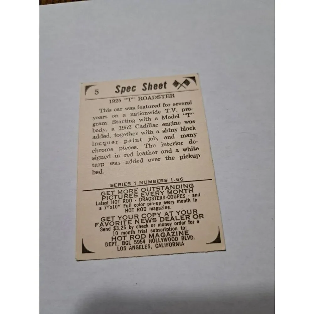 Vintage 1965 Hot Rod Magazine Card #5 Spec Sheet 1925 